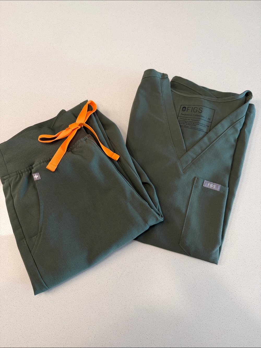 FIGS Women scrub set in Dark Olive Green with Orange Drawstring -XS/XXS